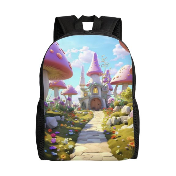 Xecao Dreamy Mushroom House Print School Backpack with Laptop Compartment Small Travel Laptop Backpack for Women Men Waterproof College Backpack Simple School Bag