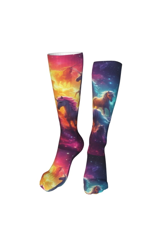Dreamy Night Sky White Horse Print Calf Socks Seamless Toe, Knee High Long Socks, Sports Socks Trouser Socks for Women and Men-One Size