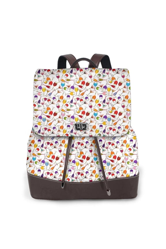 Drink And Cocktail Glasses Print Large Backpack Soft Leather for Women Travel with Compartment, Adjustable Convertible Strap