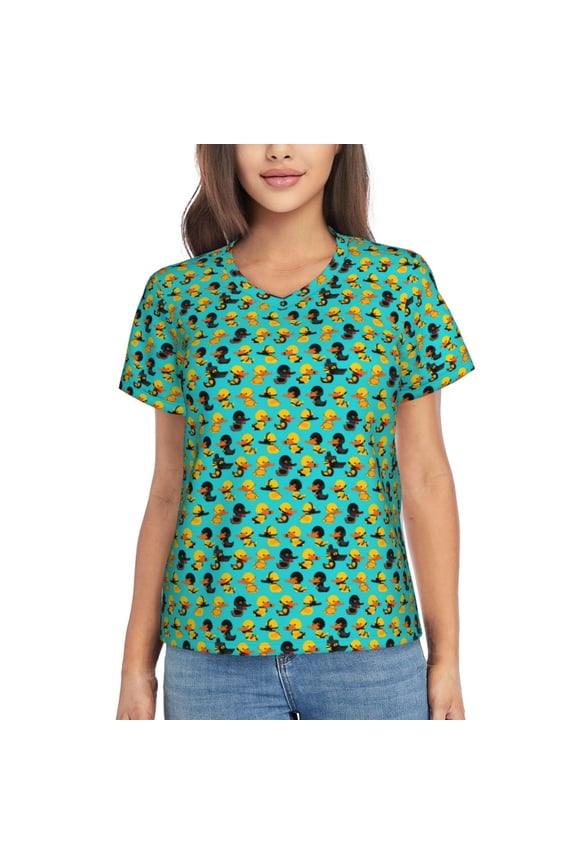 Duck In Black Suit for Women's V-Neck T-Shirts-Elegant Half-Sleeve Tops Perfect for Summer-Large
