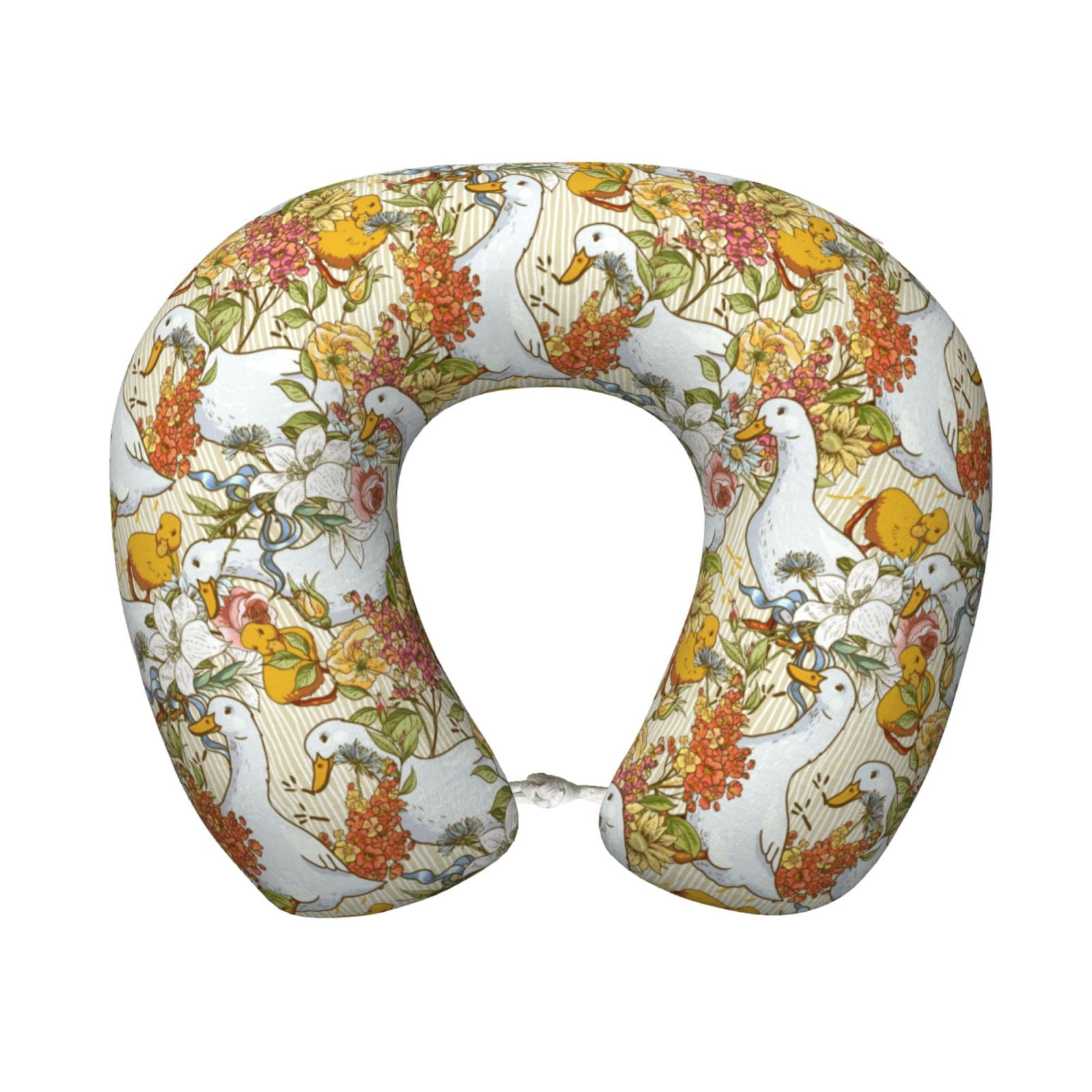 Xecao Ducks and Flowers Print Memory Foam Cervical Neck Pillow Versatile U-Shaped Pillows for Home,Office,Camping,Travelling,Soft Washable Cover