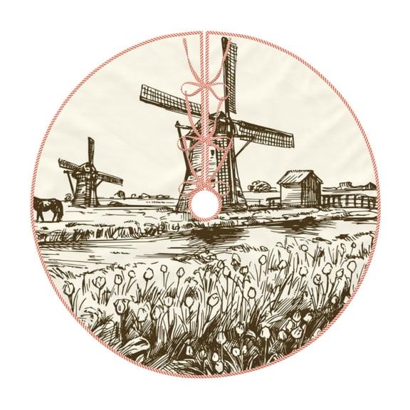 Xecao Dutch Windmill Pattern Christmas Tree Skirt Holiday Part Decorations for Christmas Tree, Farmhouse Christmas Decor Xmas Holiday Home Party Decorations-30"