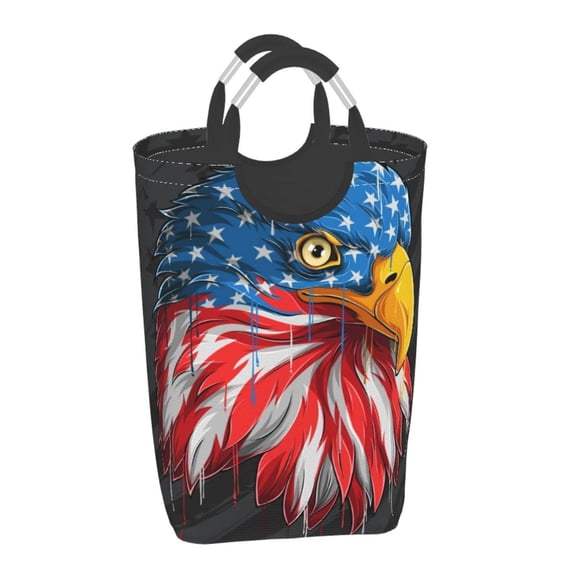 Xecao Eagle Head With American Flag for Laundry Basket,Collapsible Large Laundry Hamper,Wash Bag for Laundry Room, Rolling Laundry Basket with Handles