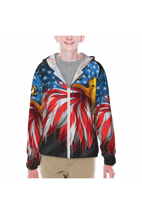 Eagle Head With American Flag Print Fishing Shirts for teenager Long Sleeve UV Sun Protection Hoodie with Zipper Outdoor Hiking Shirts-XX-Large
