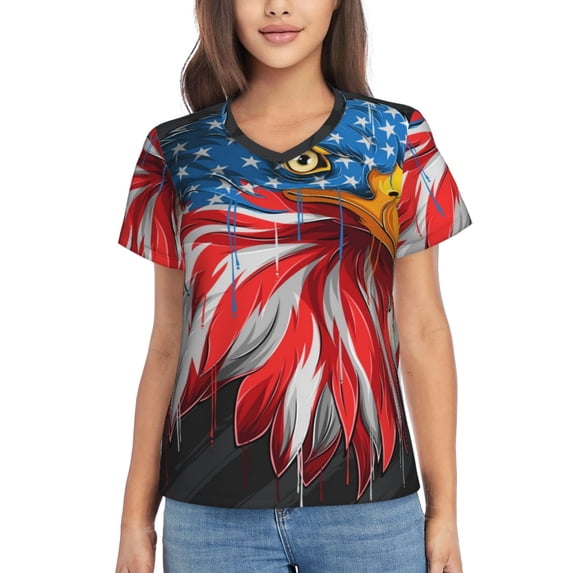 Xecao Eagle Head With American Flag for Women's V-Neck T-Shirts-Elegant Half-Sleeve Tops Perfect for Summer-Large