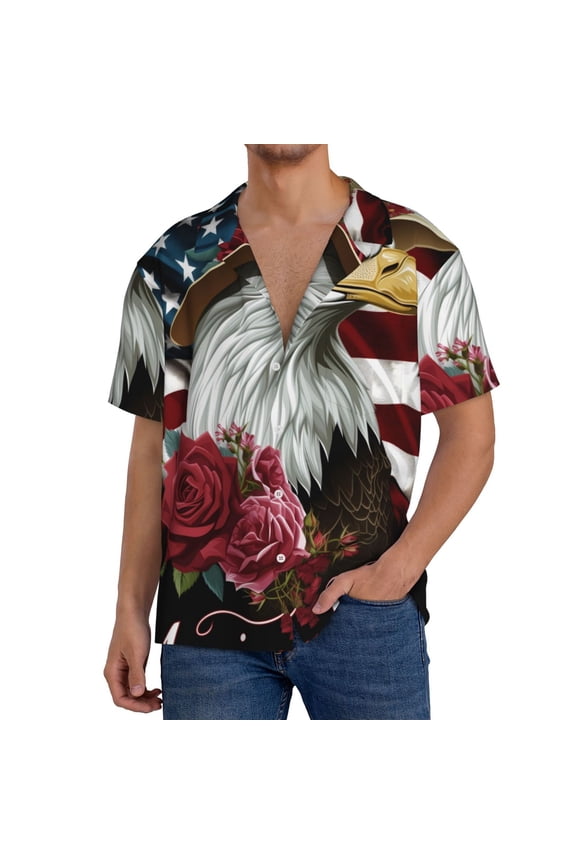 Eagle With Hat And Roses Men's Casual Short-sleeved Shirt, a button-up collared shirt with a pocket-Medium