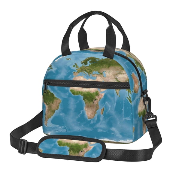 Xecao Earth View World Map Print Insulated Lunch Box, Lunch Cags Lunch Bag Featuring An Adjustable Shoulder Strap