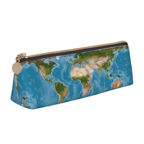 Xecao Earth View World Map Print Leather Pencil Case -Stationery Bag Pen Holder for Work & Office