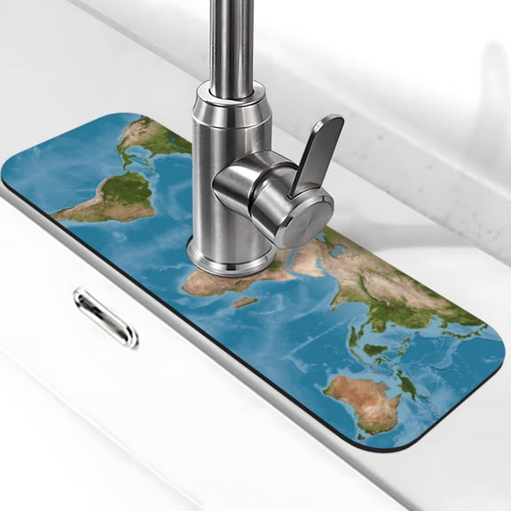 Xecao Earth View World Map for Kitchen Sink Splash Guard Faucet Mat , Faucet Guard & Draining mat, (15" X 5.5" )