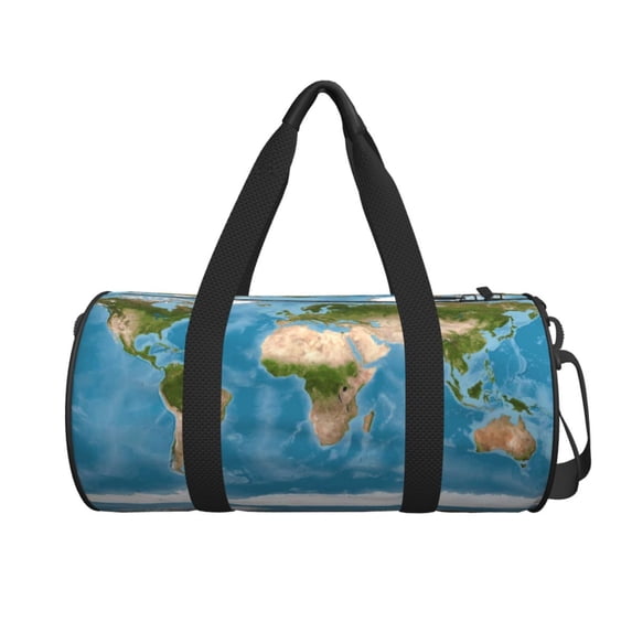 Xecao Earth View World Map print Round Travel Duffel Bag is a foldable gym bag with an inner pocket, perfect for travel sports