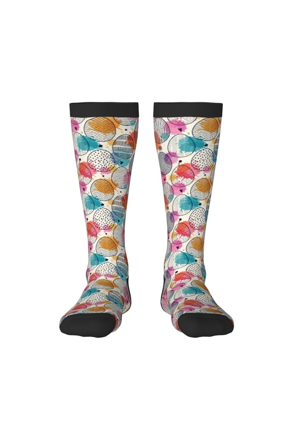 Easter Egg print thigh-high socks, crafted for both men and women with a stretchy, high-opaque design perfect for daily wear