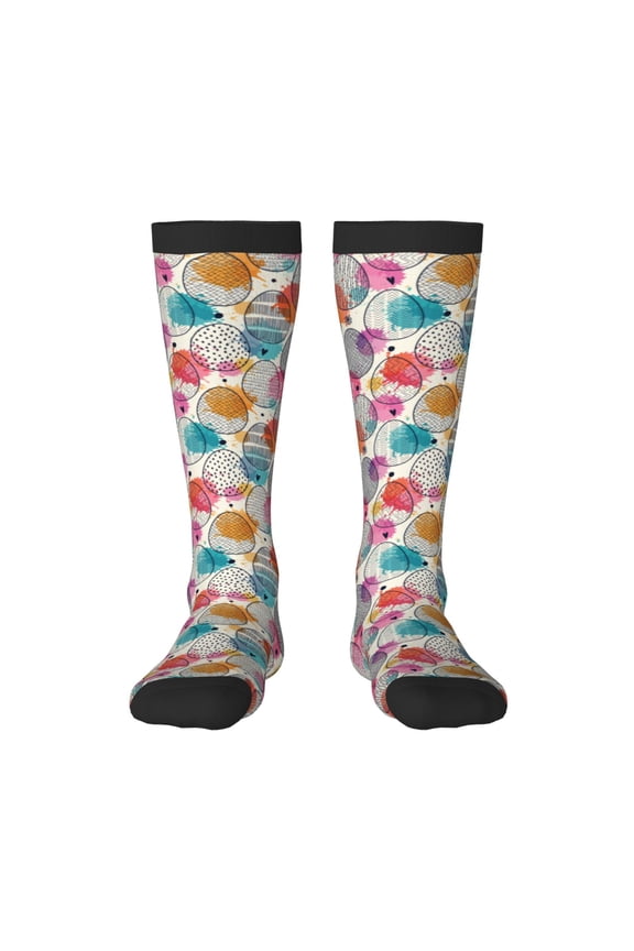 Easter Egg print thigh-high socks, crafted for both men and women with a stretchy, high-opaque design perfect for daily wear