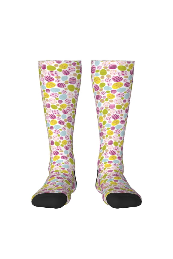 Easter Egg print thigh-high socks, crafted for both men and women with a stretchy, high-opaque design perfect for daily wear