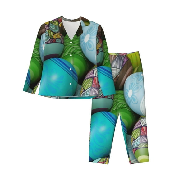Xecao Easter Egg1 Print Women Pajamas Set Soft Sleepwear Pjs long Sleeve Button Down Nightwear with Long Pants