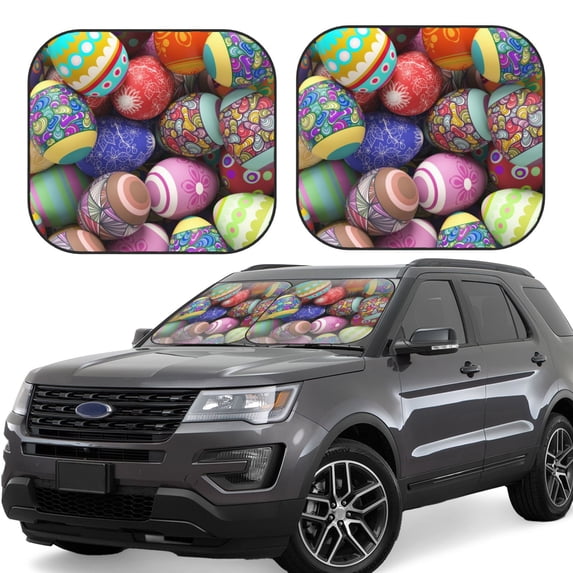 Xecao Easter Eggs1 for Foldable Car Sun Shades (2-Pack) offer sun protection with an easy-fold design for convenient windshield shading.