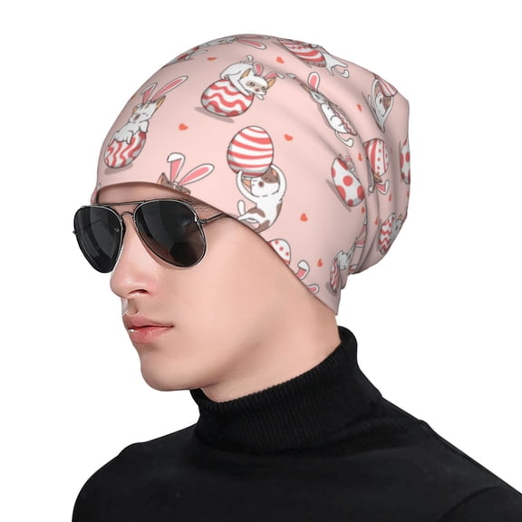 Xecao Easter Rabbit Print Beanie Knitted Hat for Men Women, Winter Fashion Knit Cuffed Caps Unisex