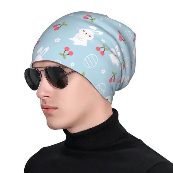 Xecao Easter Rabbit Print Beanie Knitted Hat for Men Women, Winter Fashion Knit Cuffed Caps Unisex