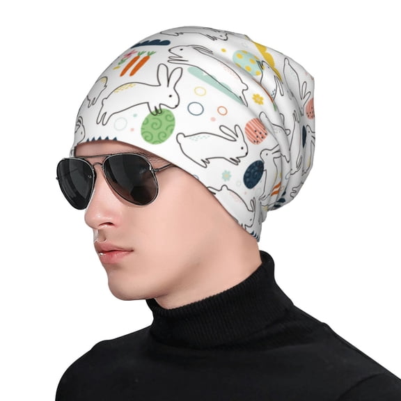 Xecao Easter Rabbit Print Beanie Knitted Hat for Men Women, Winter Fashion Knit Cuffed Caps Unisex