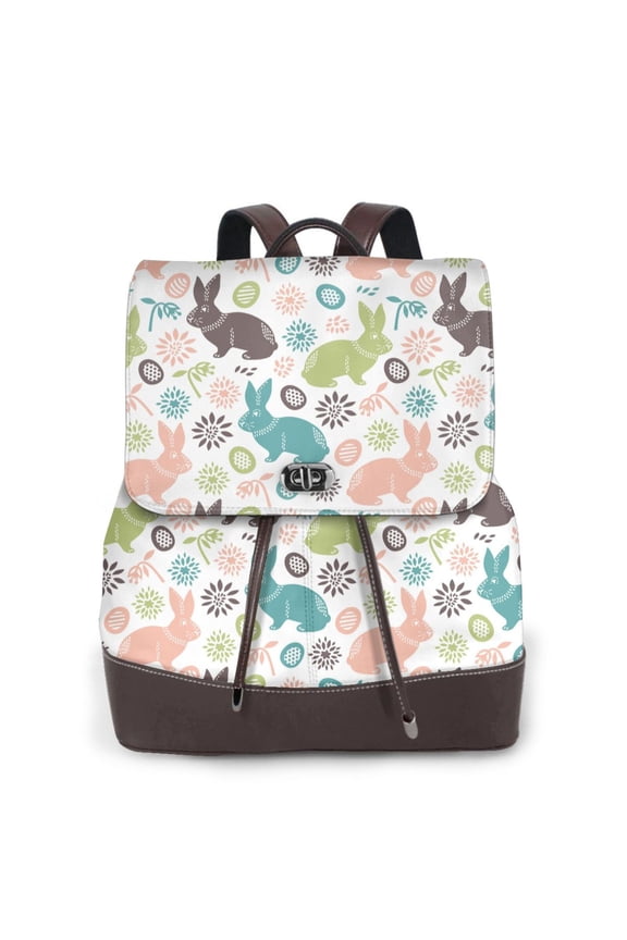Easter Rabbit Print Large Backpack Soft Leather for Women Travel with Compartment, Adjustable Convertible Strap