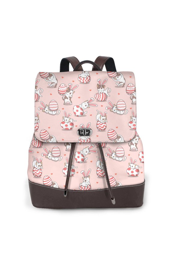 Easter Rabbit Print Large Backpack Soft Leather for Women Travel with Compartment, Adjustable Convertible Strap