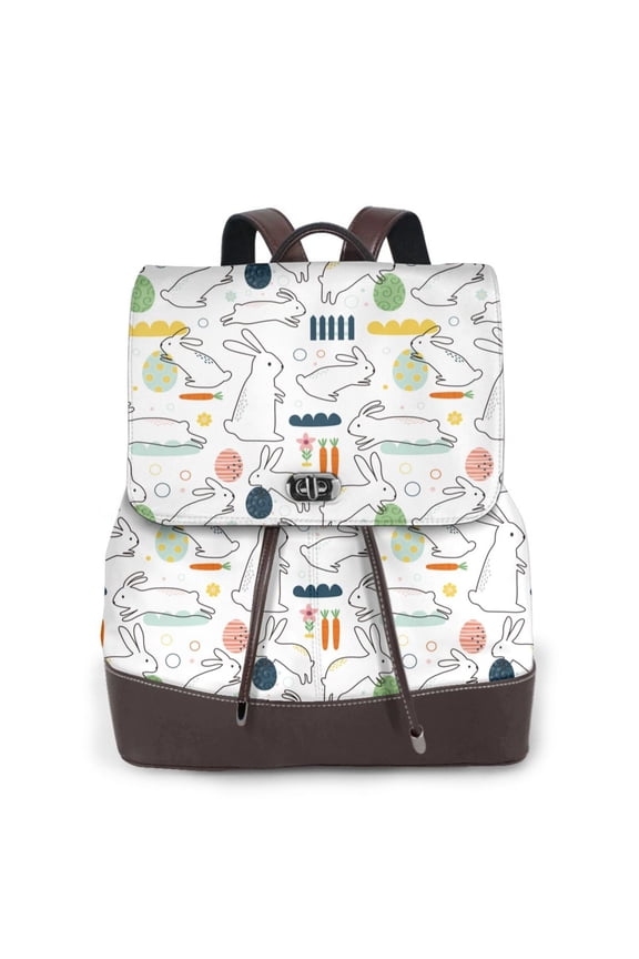Easter Rabbit Print Large Backpack Soft Leather for Women Travel with Compartment, Adjustable Convertible Strap
