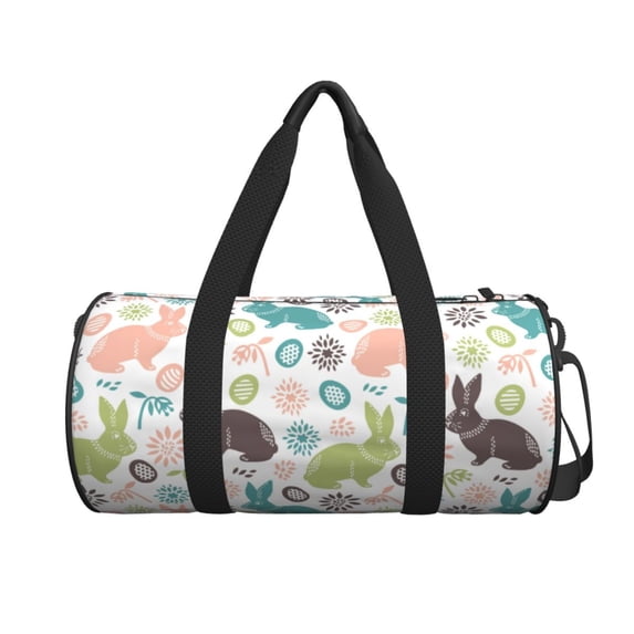 Xecao Easter Rabbit print Round Travel Duffel Bag is a foldable gym bag with an inner pocket, perfect for travel sports