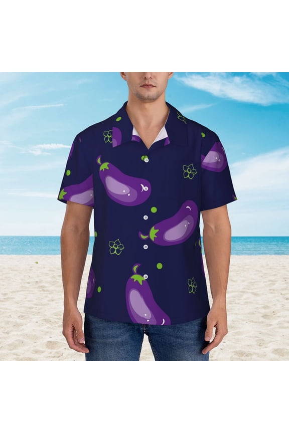 Eggplant print Hawaiian shirt - a stylish short-sleeve button-down for men, perfect for casual beach and tropical outings.