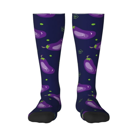 Xecao Eggplant print thigh-high socks, crafted for both men and women with a stretchy, high-opaque design perfect for daily wear