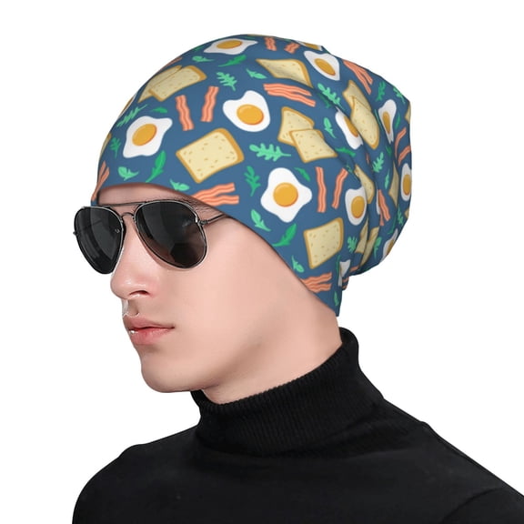 Xecao Eggs Toast Bacon And Arugula Print Beanie Knitted Hat for Men Women, Winter Fashion Knit Cuffed Caps Unisex