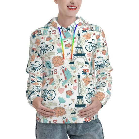Xecao Eiffel Tower Pattern Hoodies for Women Sweatshirts Long Sleeve Sweatshirts Pullover Outfits with Pocket-X-Large