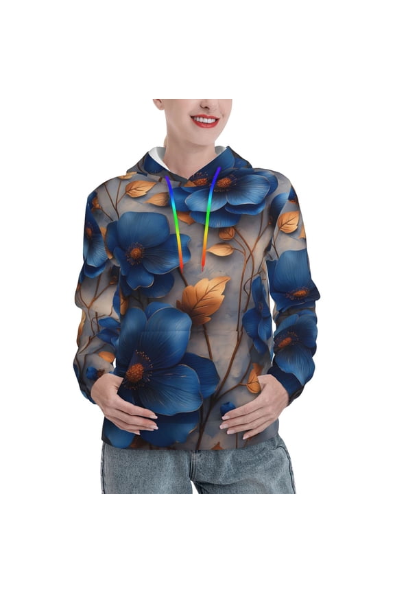 Elegant Blue Gold Blooms Pattern Hoodies for Women Sweatshirts Long Sleeve Sweatshirts Pullover Outfits with Pocket-Small