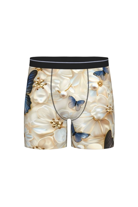 Elegant Butterflies And Pearls Print Boxer Briefs for Men's Stretch Moisture-Wicking Underwear, Mid-Rise Classics breathable fabric