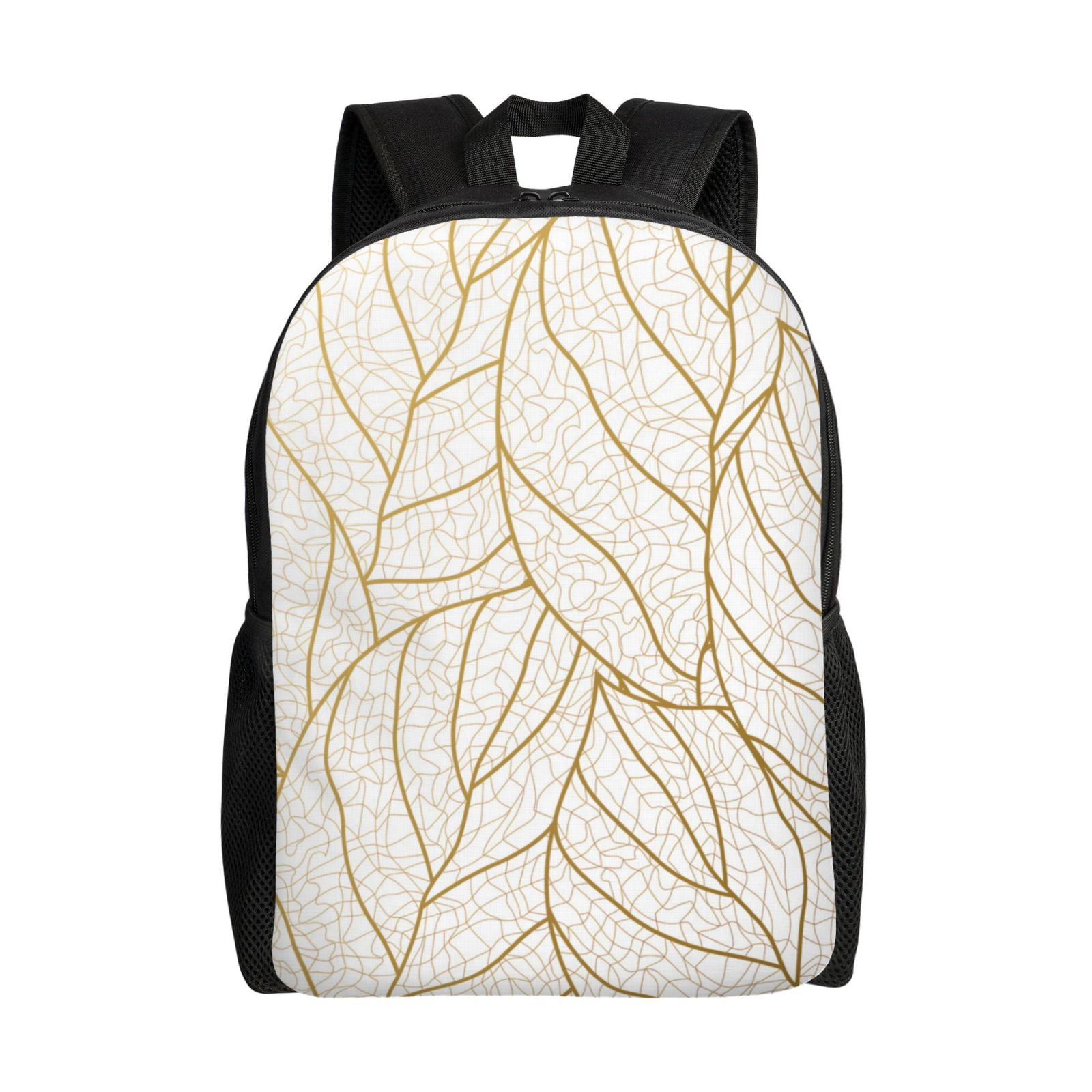 Xecao Elegant Gold Leaf Pattern Print School Backpack with Laptop Compartment Small Travel Laptop Backpack for Women Men Waterproof College Backpack Simple School Bag