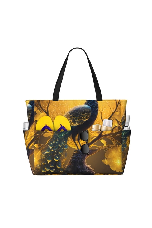 Elegant Gold Leaf Peacock for versatile beach bag for women includes zipper pockets and waterproof material, ideal for vacations and adventures.