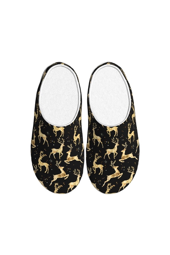 Elegant Gold Moose Print Cotton Slippers Fuzzy Warm Cozy Slippers Non Slip House Slippers For Indoor Outdoor Cotton Slippers House Slippers-8