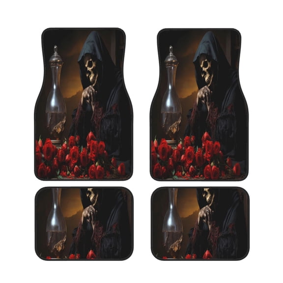 Xecao Elegant Rose Skull Print Car Foot Mat Set of 4 Pieces Neoprene All-Weather Dust-Proof Stain-resistantCar Interior Decorative mats Non-Slip Mats