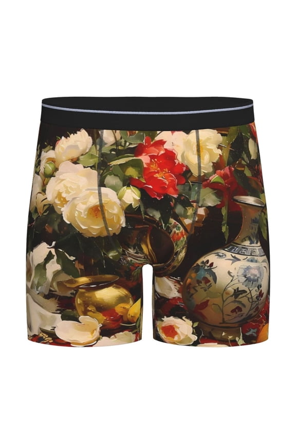 Elegant Still Life Roses Print Boxer Briefs for Men's Stretch Moisture-Wicking Underwear, Mid-Rise Classics breathable fabric
