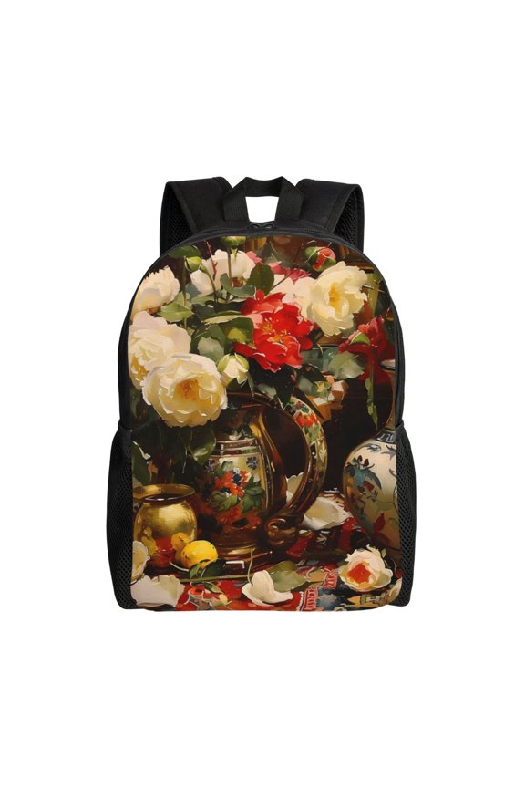 Elegant Still Life Roses Print School Backpack with Laptop Compartment Small Travel Laptop Backpack for Women Men Waterproof College Backpack Simple School Bag