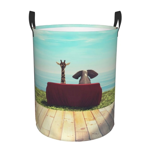 Xecao Elehpant And A Giraffe Looking At The Sea Print Laundry Basket,Laundry Hamper Designed for Storage Dirty Clothes Hamper,Collapsible Laundry Baskets-Medium