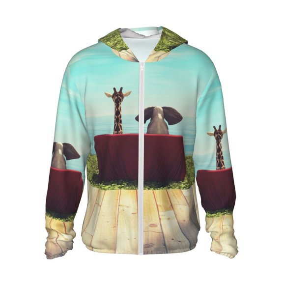 Xecao Elehpant And A Giraffe Looking At The Sea for Sun Shirt-A lightweight, Hoodie-Style Long-Sleeve UV Protection Garment Designed for Other Outdoor Activities. -XX-Large
