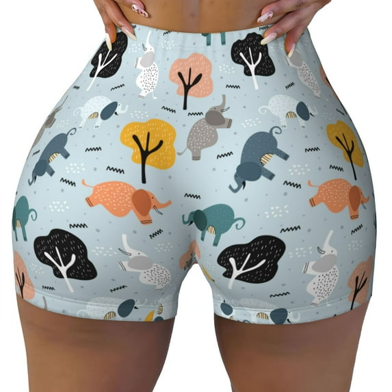 Xecao Elephant Tree Print Workout Shorts for Women Soft Smooth Gym Yoga Scrunch Active Tennis Workout Running Shorts