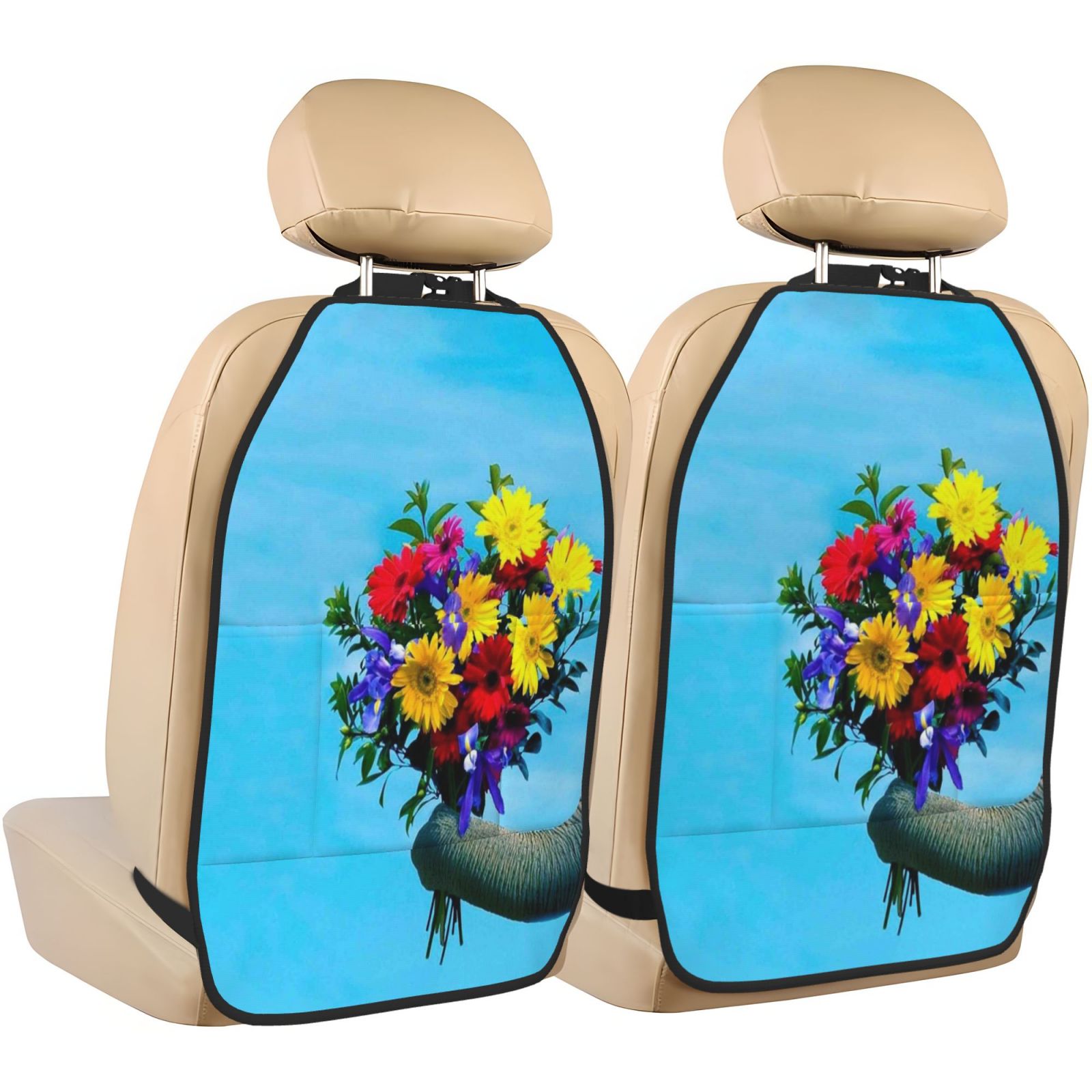 Xecao Elephant Trunk Couple Flowers Pattern Car Seat Back Protector 2 Pack Large Capacity Pocket, Kick Mats Back Seat Protector