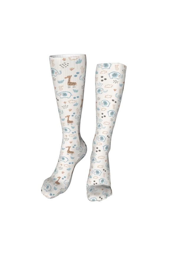 Elephants And Giraffes Print Calf Socks Seamless Toe, Knee High Long Socks, Sports Socks Trouser Socks for Women and Men-One Size