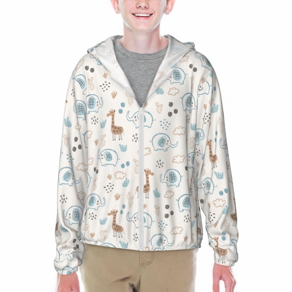 Xecao Elephants And Giraffes Print Fishing Shirts for teenager Long Sleeve UV Sun Protection Hoodie with Zipper Outdoor Hiking Shirts-XX-Large