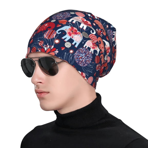 Xecao Elephants Print Beanie Knitted Hat for Men Women, Winter Fashion Knit Cuffed Caps Unisex