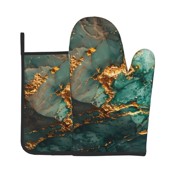 Xecao Emerald Color Gold Marble Pattern Oven Mitts and Pot Holders Sets Heat Resistant Silicone Oven Mittens Extra Thicken Long Kitchen Cotton Oven Glove for Cooking