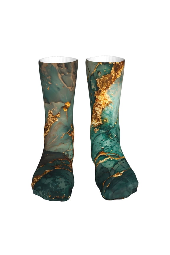 Emerald Color Gold Marble Print Fashion No Heel Casual Crew Socks Cushioned Breathable for Men Women - Moisture wicking,Not easy to fade Suitable for daily