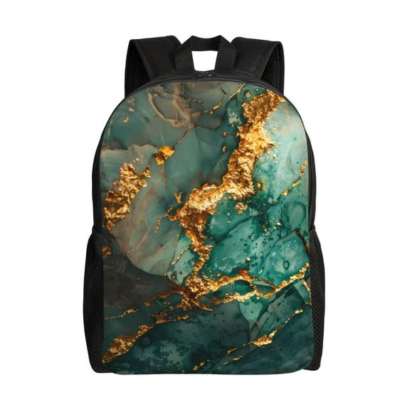 Xecao Emerald Color Gold Marble Print School Backpack with Laptop Compartment Small Travel Laptop Backpack for Women Men Waterproof College Backpack Simple School Bag