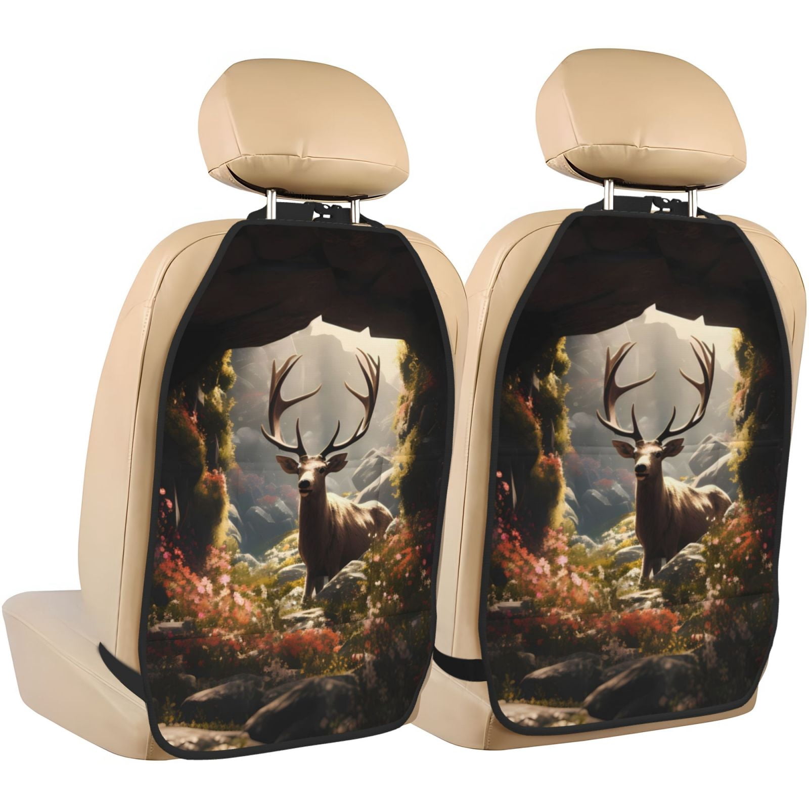 Xecao Enchanted Deer In Cave Pattern Car Seat Back Protector 2 Pack Large Capacity Pocket, Kick Mats Back Seat Protector