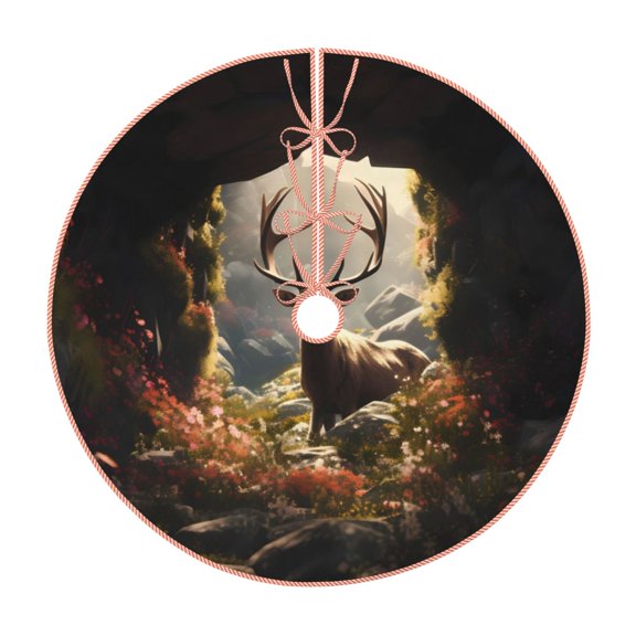 Xecao Enchanted Deer In Cave Pattern Christmas Tree Skirt Round Xmas Tree Mat Base Cover for Holiday Home Decorations-30"